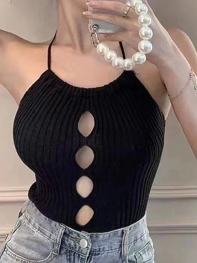 Sexy Hollow-Out Halter Crop Top – Strick Camisole im Y2K-Stil von HELIAR